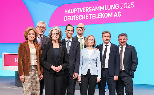 Board of Management of Deutsche Telekom standing and smiling